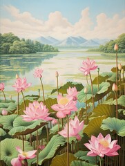 Floating Lotus Ponds Landscape: Vintage Water Lily Painting