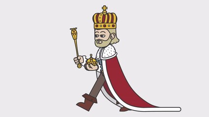 2d animation of walking white male monarch holding a scepter and an orb. Looped 4K video with alpha-channel.