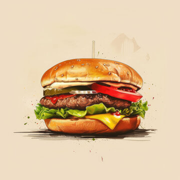 Vintage Sesame Seed Burger Art: Classic Cheeseburger Illustration on Beige Background