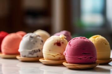 Close-up view of assorted ice cream scoops on the table