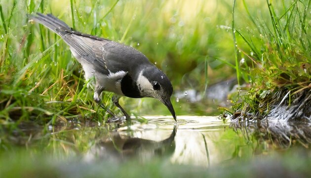 Um p&aacute;ssaro bebendo &aacute;gua em uma po&ccedil;a de &aacute;gua na grama