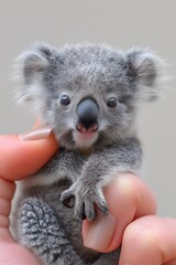 Teeny-tiny koala resting on the edge of a female fingertip, painted nails , displaying the lovable nature of the tiny animal,isolated on a white background