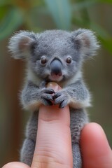 Fototapeta premium Teeny-tiny koala resting on the edge of a female fingertip, painted nails , displaying the lovable nature of the tiny animal,isolated on a white background