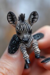 Teeny-tiny zebra resting on the edge of a female fingertip, black painted nails , displaying the lovable nature of the tiny animal,isolated on a white background 