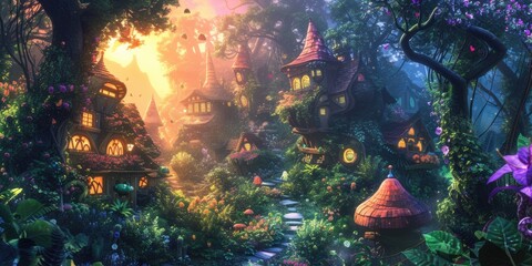Naklejka premium Nestled in an enchanted forest, this village boasts whimsical fairytale cottages surrounded by lush greenery and blooming flowers. Resplendent.