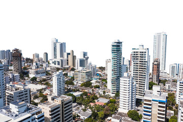Fototapeta na wymiar Aerial panoramic view of the Bocagrande district Skyscrapers in Cartagena Colombia on isolated white background