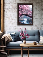 Framed Landscape Print: Cascading Cherry Blossom Petals - Nature Art, Garden View