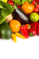 Set of vegetables and fruits isolated on a white. There is free space for text. Vertical photo