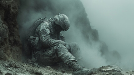 A depressed, sad soldier on the battlefield - obrazy, fototapety, plakaty