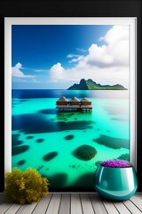 AI generated illustration of a framed photograph of a scenic tropical landscape