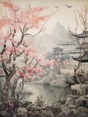 Zen Tranquil Scene Wall Decor: Peaceful Vintage Art, Gardens Print