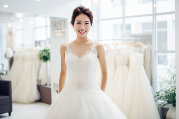 Elegant Asian bride in a white wedding gown exudes beauty and style, celebrating love gracefully.