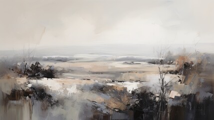 A serene and monochromatic abstract landscape achieved through the layering of white, gray, and black oil paints.