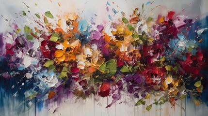 An abstract floral arrangement with thick dabs of paint come together to form an impression of blooming flowers. Oil painting. 