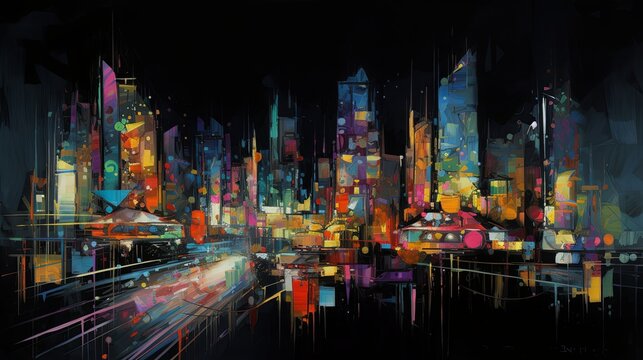 An abstract representation of a city at night with thick strokes of neon color cutting through the darkness. Oil painting. 