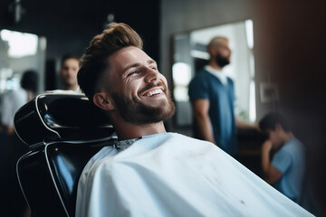 A cheerful client in a barbershop, receiving a stylish haircut from a professional barber.