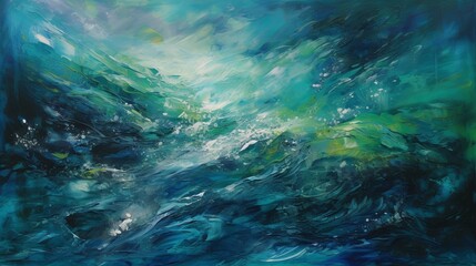 An underwater seascape, imagined through thick layers of blue and green oil paints.  - obrazy, fototapety, plakaty