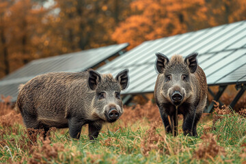 Two wild boars next to solar panels installed in the forest.