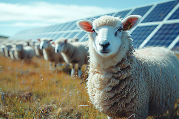 Fototapeta premium A flock of sheep grazing next to a solar panel installation.
