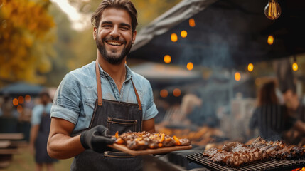 cheerful smiling man in kitchen mittens holds barbecue grill with meat in the park, cook, picnic in nature, cooking, delicious food, meal, summer - obrazy, fototapety, plakaty