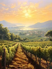 Naklejka premium Golden Hour Vineyards Morning Mist Painting: Captivating Vineyard Scene in Nature's Artwork