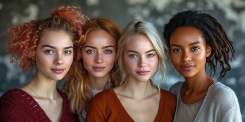Obraz premium Group of strong independent women standing together in a studio. Diverse women looking at the camera