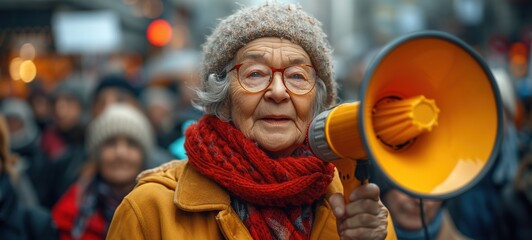 Protest, megaphone and speech of angry black woman at rally. Loudspeaker, revolution and speaking