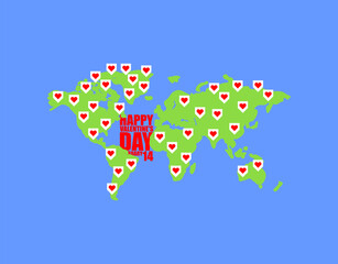 Valentine's Day love map. Peace in hearts. World love. World map and heart. Universal amour concept - 732736993