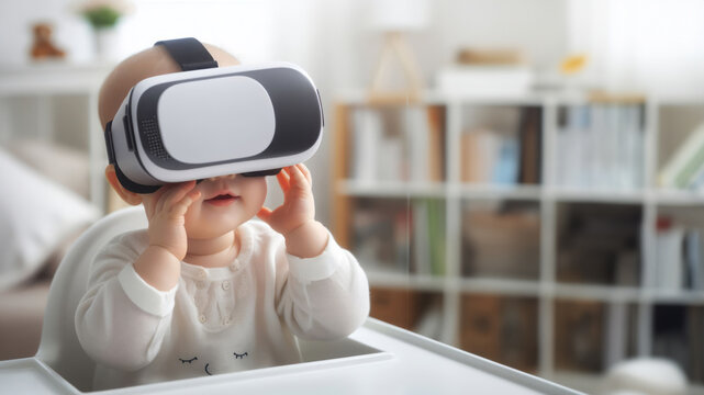 An adorable baby wearing a VR headset sits in a high chair, having their first delightful encounter with virtual reality.
