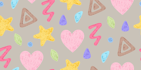 Abstract Seamless Pattern of Hand-Drawn Hearts, Stars, Leaves, Scribbles of Soft Colors. Style of Children's Drawing.