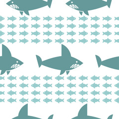 Shark and fish pattern seamless. Undersea world background. Baby fabric texture - 732737146