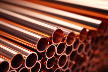 Copper pipes stored in warehouse. - obrazy, fototapety, plakaty
