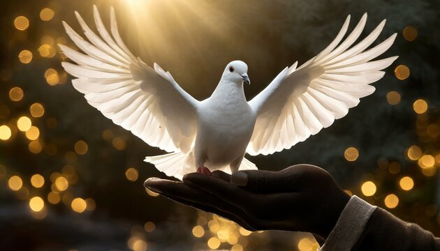 Uma pomba branca pousando em uma m&atilde;o
