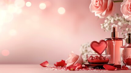 Elegant beauty products with roses for valentine's day. romantic perfume and cosmetics setup, perfect for love-themed promotions. dreamy atmosphere with soft lighting. AI