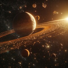 An artist's rendering of a solar system with multiple planets orbiting around a central star. This illustration can be used to depict astronomical concepts as a visual aid in educational materials.