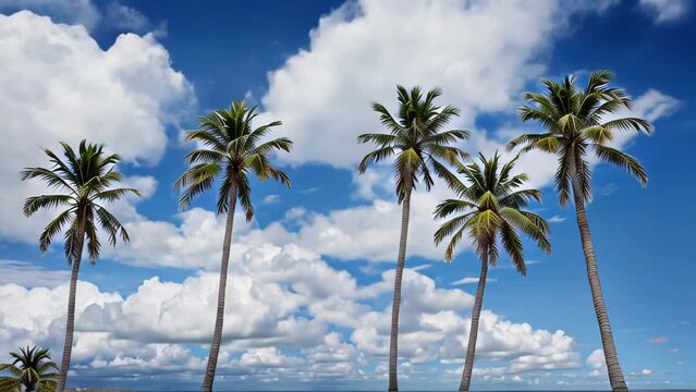 Palm trees on the background of a blue sky. 