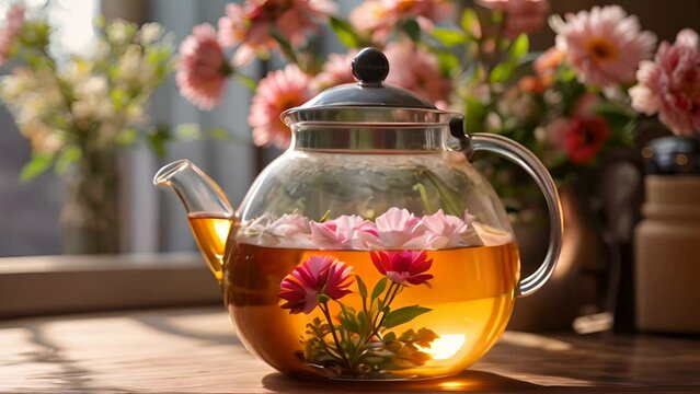 Glass teapot with flower tea.  