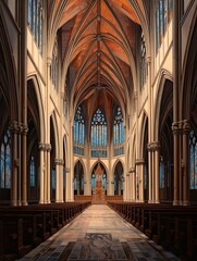 Fototapeta premium Majestic Gothic Cathedral Interiors: Vintage Painting and Stained Glass Artistry