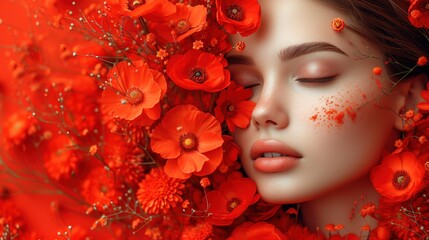 Portrait of a beautiful young girl in flowers on her head on a red background.