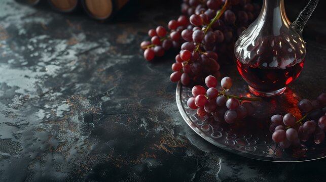 Elegant still life of red wine and grapes on a dark background. serene setting, ideal for fine dining decor. artistic and classy. AI