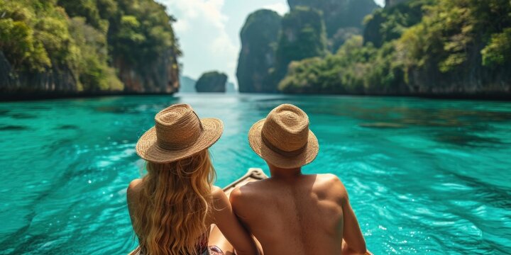 Adventurous travelers enjoying a tropical vacation on a beautiful island, surrounded by blue waters and stunning landscapes.