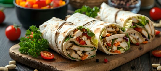 Fresh veggie wraps on wooden board, ideal for quick lunch. healthy eating concept with vegetables. delicious food presentation. AI