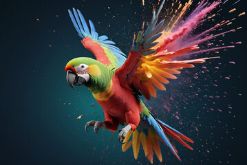 varicolored parrot in a splash explosion of colors, variegated paint burst in the feathering © pflonk
