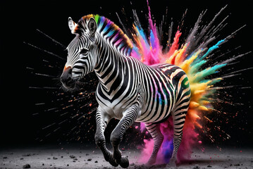 zebra running from a splash explosion of colors, variegated paint burst