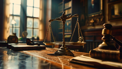 Scales of justice, a judicial hammer and a legal reference book on the judge's desk