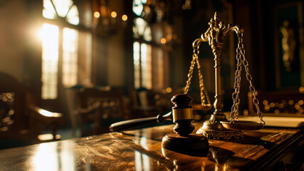 Scales of justice, a judicial hammer and a legal reference book on the judge's desk - obrazy, fototapety, plakaty