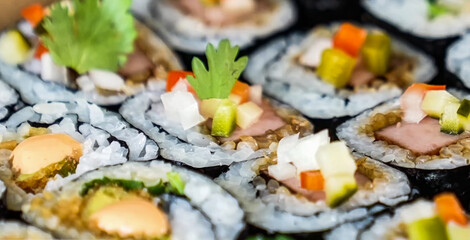 Sushi Roll Platter on wood background. Salmon sushi set, serving food for restaurant, menu, advert or package, close up, selective focus