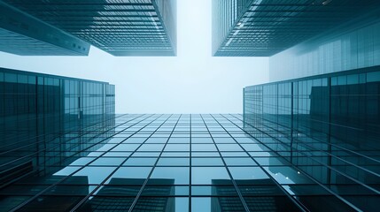 Fototapeta na wymiar Futuristic cityscape with reflective high-rise buildings, modern urban design concept illustration, blue toned architecture, AI