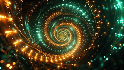 Digital rendering of a tunnel with a spiral pattern. Tunnel is illuminated with a mixture of green and yellow shades. Background for technological processes, science, presentations, education, etc