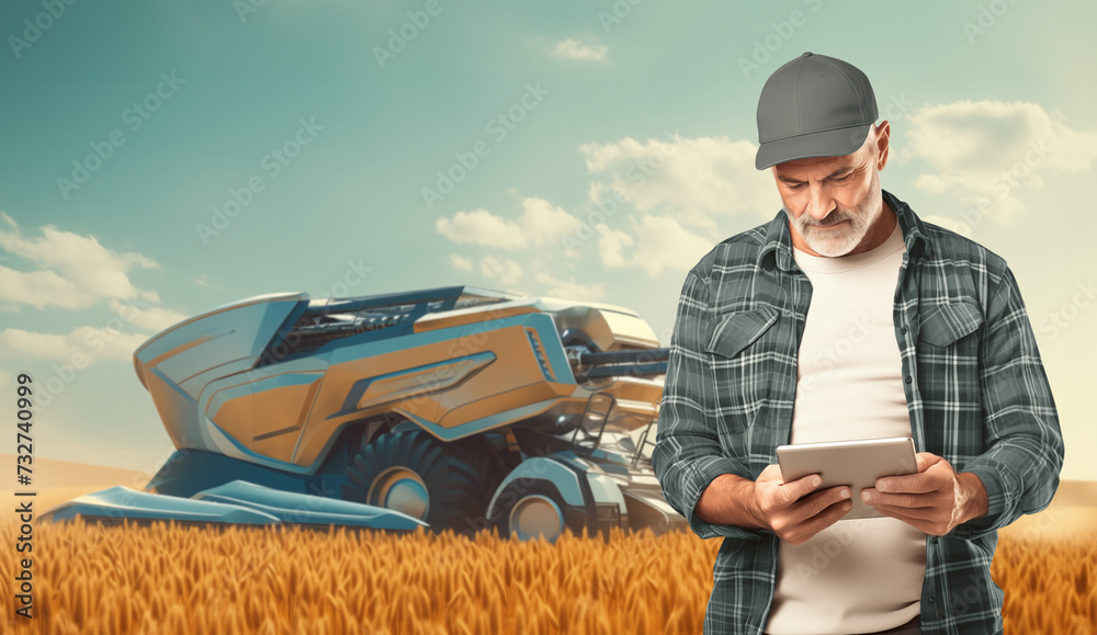 Poster farmer with digital tablet on a background of futuristic autinomous combine harvester. smart farming
